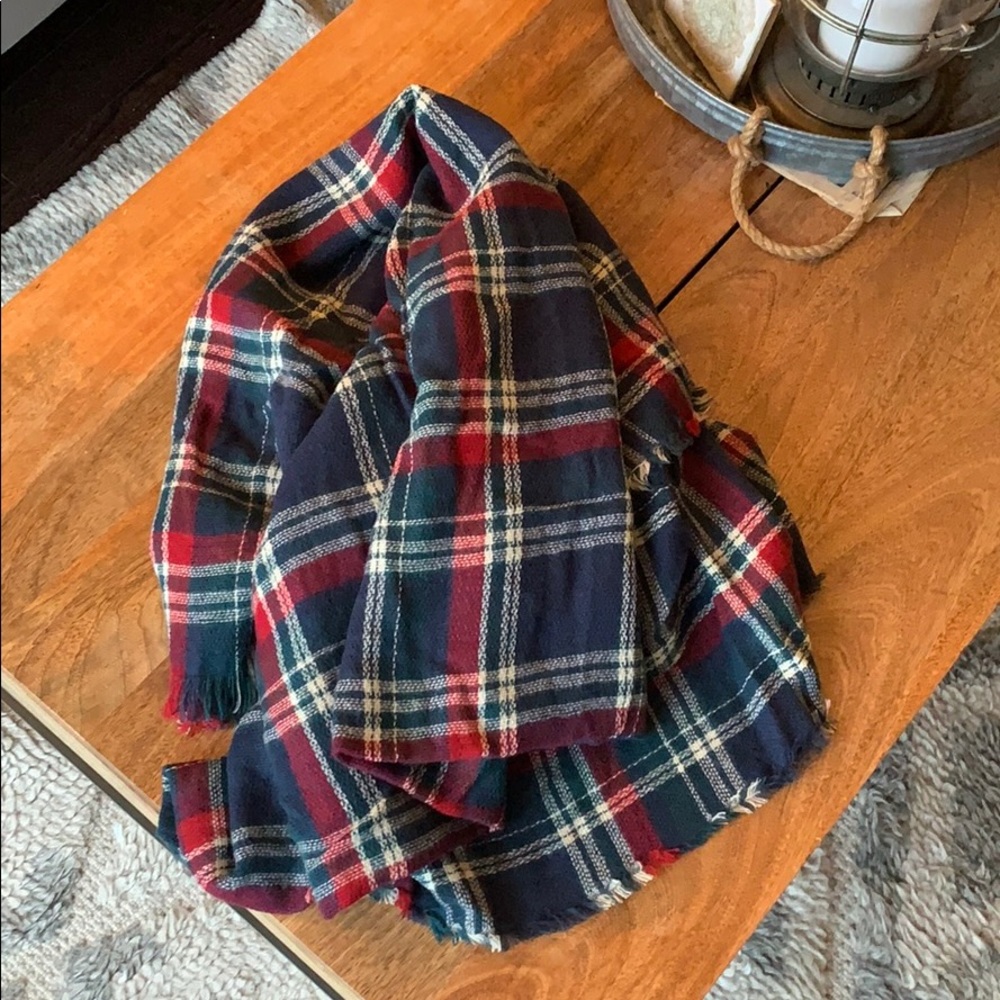 Blue, green, red and tan plaid scarf